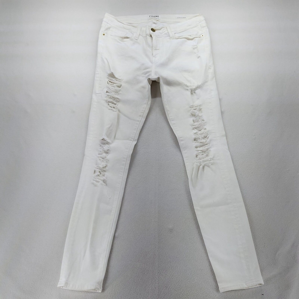 $199 Frame Women's White Jeans Skinny Fit Stretch Distressed Denim Pants Size 32